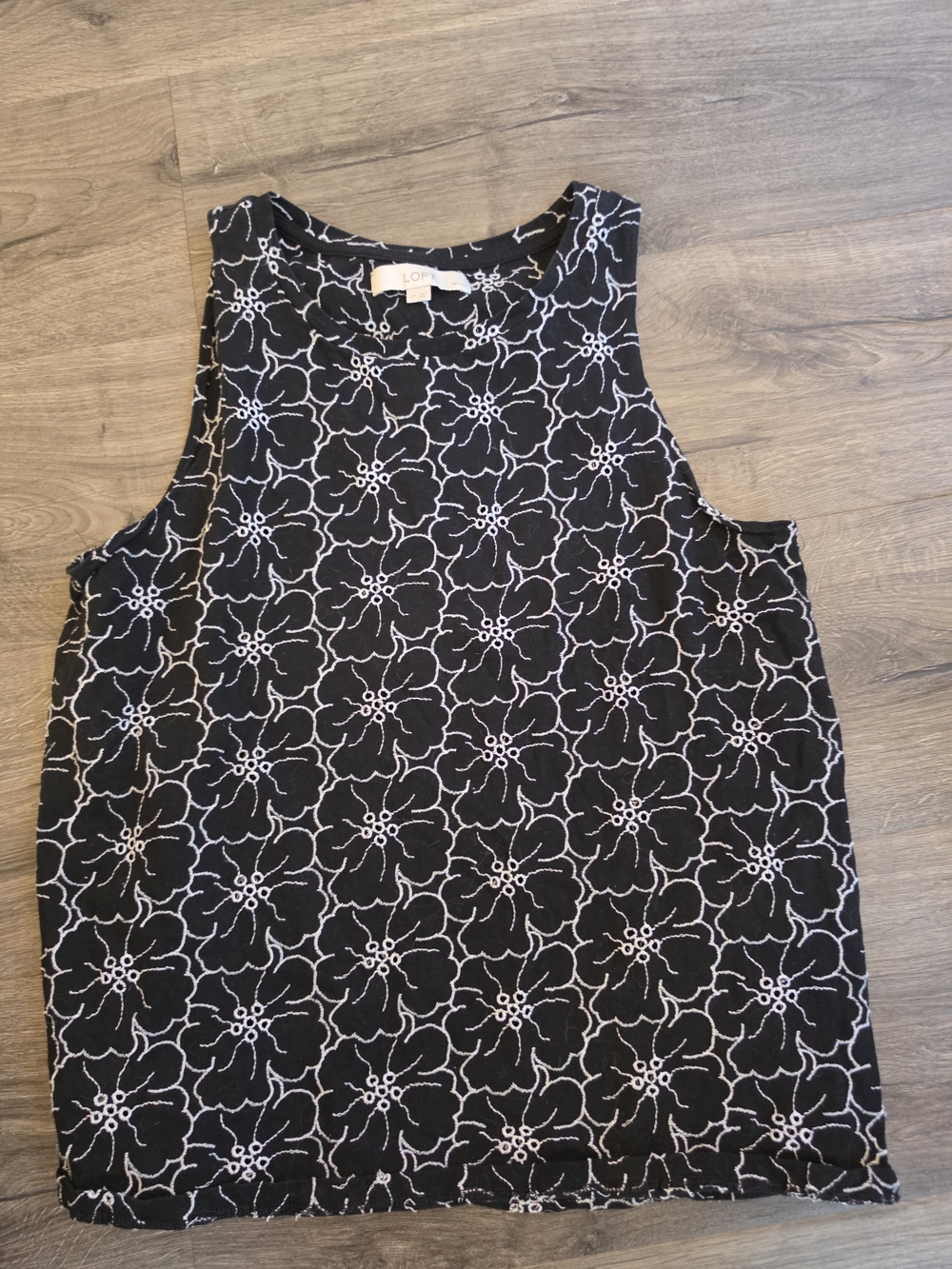 LOFT Black Tank Top with White Floral Outline